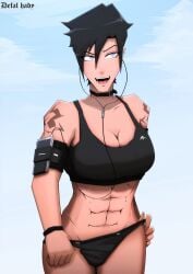abs artist_name athletic athletic_female big_breasts black_hair bracelet cellphone dark-skinned_female defal_hady_(artist) ear_piece ear_piercing grabbing_panties headset illia illia_(defal_hady) jogging large_breasts looking_at_another looking_away muscular muscular_female oc open_mouth original original_character outdoors purple_eyes short_hair smartphone smartphone_case smile sports_bra sports_panties sportswear tomboy toned toned_female watermark