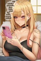 1girls ai_generated akyoi bedroom big_ass big_breasts blonde_hair blush caption chemise comic doujinshi earings jewelry kitagawa_marin long_hair looking_at_viewer magenta_eyes multicolored_hair my_dress_up_darling netorare ntr on_bed patreon phone pink_nails sono_bisque_doll_wa_koi_wo_suru text