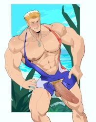 captain_america captain_america_(marvel_rivals) captain_america_(series) erection hard_on kaito_draws male male_focus male_only marvel marvel_rivals muscular muscular_male pubic_hair ripped_swimsuit solo solo_focus solo_male steve_rogers swimsuit swimwear
