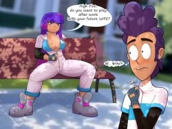 asian_female background bench breasts child_bearing_hips cleavage clothing color curvy diklonius english_text female glitch_techs hector_nieves hi_res huge_breasts imminent_sex long_hair male miko_kubota netflix nickelodeon purple_hair sitting text text_bubble thick_thighs yaranaika
