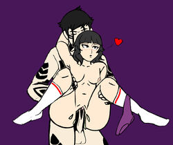 1boy 1girls :o areolae black_hair blush clitoris cum_in_pussy cum_inside demi-fiend edit female happy heart hitoshura holding_legs ichiko_ohya_(acau) kneehighs kneesocks male megami_tensei nipples ohya_ichiko persona persona_5 purple_underwear shin_megami_tensei shin_megami_tensei_iii:_nocturne spiky_hair standing standing_sex tattoo underwear underwear_around_one_leg vaginal_penetration