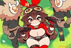 1girls 2boys ai_assisted ai_generated amber_(genshin_impact) dlewdedai double_handjob genshin_impact hilichurls_(species)