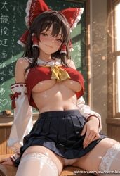 1girl ai_generated arm_support ascot bare_shoulders black_hair black_skirt blush bow breasts brown_eyes brown_hair cameltoe chalkboard classroom closed_mouth crop_top crop_top_overhang day desk detached_sleeves frilled_bow frilled_hair_tubes frills hair_bow hair_tubes hakurei_reimu indoors kermixx large_breasts lens_flare light_particles long_hair long_sleeves looking_at_viewer midriff naughty_face navel on_desk panties patreon_username pleated_skirt red_bow ribbon-trimmed_sleeves ribbon_trim sailor_collar school_desk school_uniform see-through sidelocks sitting sitting_on_desk skirt smile solo stomach sunlight sweat thighhighs thighs touhou underboob underwear wet white_panties white_sleeves white_thighhighs wide_sleeves window yellow_ascot