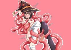 1girls 2025 absurd_res areolae armpit_play arms_up bandaged_leg bent_legs black_thighhighs blush breasts brown_hair choker cum female female_only kono_subarashii_sekai_ni_shukufuku_wo! lifted lifted_by_tentacles megumin nipples nude nude_female open_mouth pink_background pussy red_eyes restrained restrained_by_tentacles rubbing rubbing_pussy simple_background single_thighhigh small_breasts solo sonazthewho tentacle tentacle_penis tentacle_rape tentacles tentacles_around_breasts tentacles_on_female witch_hat