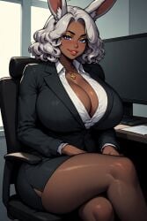 ai_generated big_breasts big_thighs business_suit cleavage crossed_legs dark-skinned_female dark_skin hourglass_figure huge_breasts mature_female milf office_lady perchance_ai seductive_look smiling_at_viewer thick_thighs