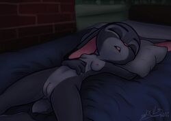 2019 anthro bed breasts disney drooling female fur grey_fur haiiromon judy_hopps lagomorph leporid mammal nipples nude pussy rabbit saliva sleeping small_breasts solo teeth zootopia