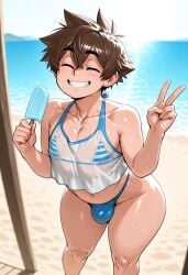 1boy 1femboy 2026 ai_generated ass balls beach belly big_ass bikini bikini_bottom bikini_top blue_bikini blush brown_hair bulge civitai closed_eyes day femboy feminine_male ice_cream navel outdoors outside peace_sign pectorals smile smiling standing striped_bikini striped_bikini_top sun sunlight sweat sweatdrop testicles thick_thighs thighs twink v v_sign wide_hips