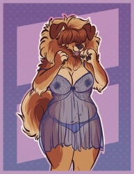 anthro border brown_body brown_fur canid canine canis chow_chow clothing domestic_dog female floppy_ears fluffy fluffy_tail fur handpaw henryjanedoe hi_res lingerie mammal mane nightgown nipples panties paws pink_border solo spitz tail translucent translucent_clothing underwear