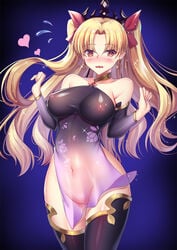 artist_request blonde_hair blush breasts crown erect_nipples ereshkigal_(fate) fate/grand_order fate_(series) female female_only kama_(fate)_(cosplay) large_breasts looking_at_viewer nipples open_mouth pussy red_eyes revealing_clothes ribbons shiny shiny_skin