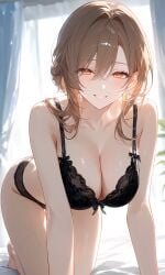 ai_generated crawling crawling_pose impacter lingerie lingerie_bra lingerie_only lingerie_panties looking_at_viewer mature mature_female on_bed smiling smiling_at_viewer unknown_character wife wife_material