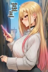 1girls ai_generated akyoi bedroom big_ass big_breasts blonde_hair blush caption comic doujinshi earings jewelry kitagawa_marin long_hair looking_at_viewer magenta_eyes multicolored_hair my_dress_up_darling netorare ntr patreon phone pink_nails shorts sono_bisque_doll_wa_koi_wo_suru sweater text