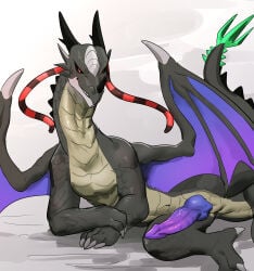 2024 absurd_res black_body black_horn black_scales black_sclera cheek_spikes claws countershading digital_drawing_(artwork) digital_media_(artwork) dragon facial_horn facial_spikes feral genitals grey_body grey_countershading grin hi_res horn knot knotted_penis looking_at_viewer lying male male_feral multi_horn mythological_creature mythological_scalie mythology nose_horn on_side penis presenting presenting_penis purple_penis purple_wings quadruped red_eyes scales scalie shaded side_view simple_background smile soft_shading solo spiked_tail spikes spikes_(anatomy) tail uro0000 white_background wing_claws winged_dragon wings