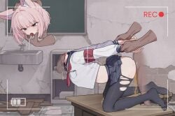 1boy 1girls 3boys animal_ear_fluff animal_ears blood blue_archive blue_eyes blue_halo blush corpse cum cum_in_pussy cum_inside dark-skinned_male death decapitation deepthroat empty_eyes fox_ears fox_girl frown gore guro halo holding_another's_wrist insertion ju_ge necrophilia niko_(blue_archive) petite pink_hair recording reverse_deepthroat sailor_collar school_uniform serafuku sex skirt skull_fucking snuff thrusting vaginal_penetration