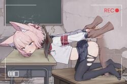 1boy 1girls animal_ear_fluff animal_ears axe blood blue_archive blue_eyes blue_halo blush corpse dark-skinned_male death decapitation empty_eyes fox_ears fox_girl frown gore guro halo holding_another's_wrist insertion ju_ge necrophilia niko_(blue_archive) petite pink_hair recording sailor_collar school_uniform serafuku sex skirt snuff thrusting vaginal_penetration