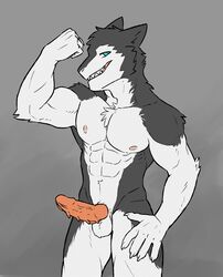 abs absurd_res anthro athletic barbed_penis biceps big_muscles black_fur blue_eyes bulge claws clothed clothing countershading discordnight dog_tags dragon drooling flexing front_view fur grey_fur hair hi_res knot looking_at_viewer male male_only mammal multicolored_fur muscular muscular_male navel obliques open_mouth pecs penis portrait pose saliva solo three-quarter_portrait tongue tongue_out topless triceps two_tone_fur underwear white_countershading white_fur