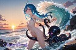 1440p 1girl 8k ahoge ai_assisted ai_generated azur_lane beach blue_hair cinematic closed_mouth clouds confident_smile cowboy_shot dynamic_pose fighting_stance flat_chest foreshortening freckles from_side full_body helena_(azur_lane) long_hair looking_at_viewer navel nipples nude ocean purple_eyes rocks skinny sky slim_body small struggling sun sunset surfing tentacles tight_pussy uhd waves worried young youthful