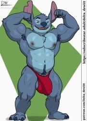 3_toes 5_fingers alien anthro anthrofied armpit_hair ball_slip balls barely_visible_genitalia barely_visible_penis biceps big_bulge blue_body blue_claws blue_fur blue_nose body_hair bulge chest_tuft claws clothing delta_dewitt detailed_bulge digital_media_(artwork) disney experiment_(lilo_and_stitch) feet fingers flexing flexing_bicep flexing_both_biceps fur genital_outline genitals happy_trail hi_res ineffective_clothing lilo_and_stitch looking_at_viewer male male_only manly muscular muscular_male navel nipples non-mammal_nipples notched_ear open_mouth pecs penis penis_base penis_outline pubes simple_background smile solo stitch_(lilo_and_stitch) text thong toe_claws toes tuft underwear url
