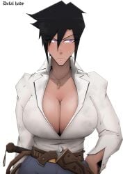 artist_name belt big_breasts black_hair bullet_belt cowgirl dark-skinned_female defal_hady_(artist) fang_necklace gun gun_belt hand_on_hip holster holstered_weapon illia illia_(defal_hady) jeans large_breasts long_sleeves looking_at_another looking_away necklace oc original original_character purple_eyes revealing_breasts revolver short_hair sweat tomboy unbuttoned_shirt unbuttoned_sleeves watermark wet_body wet_clothes wet_skin whip wild_west