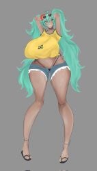 1girl 2d 2d_(artwork) big_boobs big_breasts big_thighs boobs boobs_bigger_than_head brazilian brazilian_female brazilian_flag brazilian_miku breast breasts_bigger_than_head clothed clothes clothing cyan_eyes cyan_hair female female_focus female_only glasses hands_behind_head hatsune_miku image long_hair messy_hair panties posing ripped_clothing ripped_shorts sandals slippers tall_female tan_body tarkoayarki thick_hips thick_legs thick_thighs thighs thighs_bigger_than_head vocaloid