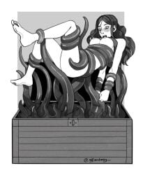 1girls ajfantasy bondage bound bound_arms bound_legs bound_wrists chest_(container) female femsub mimic_chest monochrome open_mouth tentacle tentacle_bondage tentacles
