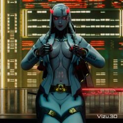 1girls 3d blizzard_entertainment breasts female nipples overwatch red_eyes robot robot_girl shion_(overwatch) solo tagme_(artist) white_hair