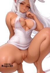 1girl ai_generated animal_ear_fluff animal_ears areola_slip arm_behind_back artist_name bangs bare_arms bare_shoulders barefoot blush boku_no_hero_academia bottomless breasts cleavage cleavage_cutout clothing_cutout dark-skinned_female dark_skin explicit finger_to_mouth large_breasts long_eyelashes long_hair looking_at_viewer meme_attire mirko miruko my_hero_academia naked_sweater nipple_slip nipples nuageeart parted_bangs parted_lips patreon_username pussy questionable rabbit_ears rabbit_girl red_eyes rumi_usagiyama simple_background sleeveless sleeveless_turtleneck smile solo spread_legs squatting sweater thick_thighs thighs toes turtleneck turtleneck_sweater uncensored virgin_killer_sweater white_background white_hair white_sweater