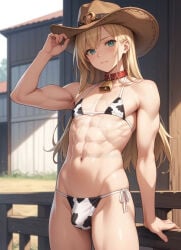 1boy abs ai_generated bell bell_collar blonde_hair blue_eyes collar cow_print_bikini cowboy_hat deviantart_watermark long_hair looking_at_viewer small_bikini