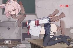 1girls 3boys animal_ear_fluff animal_ears blood blue_archive blue_eyes blue_halo blush corpse dark-skinned_male death decapitation empty_eyes fox_ears fox_girl frown gore guro halo holding_another's_wrist insertion ju_ge necrophilia niko_(blue_archive) petite pink_hair recording sailor_collar school_uniform serafuku sex skirt snuff thrusting vaginal_penetration