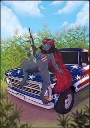 absurd_res akiannakatt american_flag_bikini animal_genitalia animal_penis arm_support backward_arm_support big_breasts big_penis bikini bikini_bottom bikini_top black_body black_border black_fur border breasts car clothing digital_drawing_(artwork) digital_media_(artwork) digitigrade flag_bikini flag_swimwear fur genitals gynomorph hi_res holding_object holding_weapon intersex knot knotted_penis nintendo outdoor_nudity outside penis pokemon pokemon_(species) pokemorph sitting_on_car swimwear trigger_discipline two-piece_swimsuit united_states_of_america vehicle weapon
