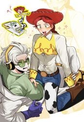 blush blushing cleavage clothed clothes clothing cowboy_hat cowgirl disney female gijinka glasses implied implied_sex jessie_(toy_story) male meme meme_reference smarty_pants_(toy_story) suggestive toy_story toy_story_5