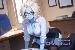 1_girl 1girl ai_assisted ai_generated anal anal_sex angle black_skirt black_thighhighs blue_eyes blue_skin breasts cleavage clothed clothes collared_shirt destiny_2 dick female_focus from_bottom_to_top garter_straps glasses hands_on_own_knees heart indoors leaning_forward looking_at_you mara mara_sov medium_breasts no_panties no_underwear office partially_unbuttoned pencil_skirt pussy seductive_smile smile source_anime standing top white_hair white_shirt