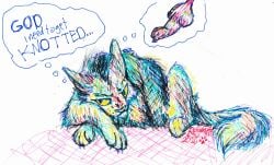 ambiguous_gender animal_genitalia animal_penis canine_genitalia canine_penis domestic_cat english_text fangs felid feline felis feral genitals knot knotted_penis lying male mammal on_front pen_(artwork) penis regsmutt simple_background sketchy solo teeth text thought_bubble traditional_media_(artwork) white_background