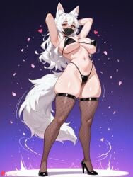 1girl ai_generated animal_ear_fluff animal_ears armpits arms_behind_head arms_up bikini black_bikini black_footwear boobs breasts covered_nipples curvy fishnet_thighhighs fishnets fox_ears fox_girl fox_tail full_body hair_between_eyes heart high_heels highleg huge_ass huge_breasts juswa large_ass large_breasts long_hair looking_at_viewer mask mouth_mask navel petals questionable skindentation solo standing stomach swimsuit tail thicc thick_thighs thighhighs thighs white_hair yellow_eyes