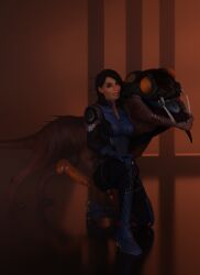 3d alien alien/human ashley_williams before_sex bestiality big_penis black_hair bodysuit canine canine_genitals canine_penis dressed female/male feral feral_on_female interspecies looking_at_viewer mass_effect posing posing_for_the_viewer shoulder_length_hair simple_background size_difference standing trainedape varren