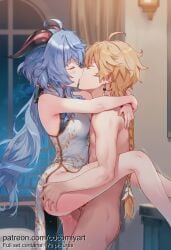 1boy 1girl 2026 aether_(genshin_impact) ahoge ai_generated ass ass_grab bare_shoulders blonde_hair blue_hair blush braid braided_ponytail breasts china_dress chinese_clothes closed_eyes clothed_female_nude_male clothed_sex cocomiyart completely_nude dress earrings french_kiss from_side ganyu_(genshin_impact) genshin_impact goat_horns hand_on_another's_ass happy_sex hetero highres horns hug indoors jewelry kiss long_hair low_ponytail medium_breasts nsfw nude pelvic_curtain penis pussy_juice sex side_slit single_braid sleeveless sleeveless_dress standing suspended_congress tassel thighs uncensored vaginal very_long_hair white_dress window