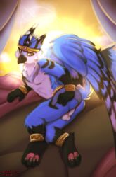 2019 anthro anus ass avian balls beak belly clothed clothing feathered_wings feathers fur hi_res looking_at_viewer male male_only markings neothedragon nude smile solo white_fur wings