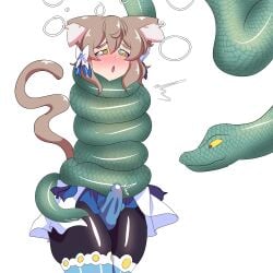 1boy 2023 :o brown_hair bulge cat_ears cat_tail catboy coiling coils erection erection_under_clothes felix_argyle femboy girly hair_ornament hair_ribbon hi_res hypnotic_eyes hypnotized kaa_eyes male male_only malesub narrowed_eyes open_mouth re:zero_kara_hajimeru_isekai_seikatsu snake sonazthewho tail thick_thighs white_background
