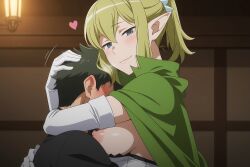1boy 1girl ai ai_art ai_generated black_hair black_shirt blonde_hair blue_eyes blush breasts cape closed_mouth dungeon_ni_deai_wo_motomeru_no_wa_machigatteiru_darou_ka elbow_gloves elf gloves green_cape hair_between_eyes half-closed_eyes heart hetero hug indoors large_breasts looking_at_viewer medium_breasts nipples pointy_ears ponytail shirt short_hair sidelocks smile upper_body white_gloves