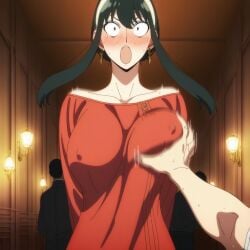 ai_generated big_boobs big_breasts big_tits black_hair_female eyes_wide_open grope_breast groped groping groping_breast nipples_visible_through_clothing nipples_visible_through_shirt red_sweater sexual_harassment sole_female spy_x_family surprised surprised_expression viewer_pov yor_briar yor_forger young_milf