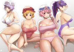 4girls ass ass_bigger_than_head ass_visible_through_thighs bare_legs bare_shoulders bare_thighs barefoot belly belly_button bikini blonde_hair blue_ribbon blush blushing blushing_at_viewer breasts butt cameltoe chubby cleavage closed_mouth collarbone crescent crescent_hair_ornament crescent_moon curvy eating eating_ice_cream food fruit grapes hair_ornament hair_ribbon hat headwear huge_nipples ice_cream large_breasts lavender_eyes lavender_hair letty_whiterock light_blush long_hair looking_at_viewer minoriko_aki moon multiple_girls multiple_views navel nipples nipples_visible_through_clothing nishiumi_rin one-piece_swimsuit open_mouth patchouli_knowledge pink_eyes pink_swimsuit plump plump_ass plump_breasts ponytail popsicle purple_eyes purple_hair purple_swimsuit red_eyes red_ribbon red_swimsuit ribbon ribbons seiza short_hair sideboob simple_background sitting skindentation smile smiley_face smiling smiling_at_viewer stomach swimsuit thick_eyebrows thick_thighs thighs tied_hair touhou white_background white_bikini white_swimsuit wide_hips wide_thighs yuyuko_saigyouji