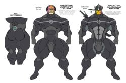 abs anthro aquatic biceps big_muscles black_body buizel bulge butt clothing deltoids dronesuit duo english_text facial_hair forearm_muscles generation_4_pokemon generation_8_pokemon hammerspace hi_res legendary_pokemon male mammal melee_weapon military_uniform muscular muscular_male mustache nintendo nipple_outline pecs pinniped pokemon pokemon_(species) pokemon_clothing rear_view seal simple_background spread_legs spreading standing stealth stealth_suit sword sword_on_back tactical_gear text thick_thighs tiburalgo trapezius uniform urshifu weapon weapon_on_back white_background