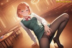 1girl ai_generated arm_support black_footwear black_pantyhose blonde_hair blue_eyes blush bow bowtie breasts brown_pantyhose censored closed_mouth clothes_lift collared_shirt dutch_angle earrings female_pubic_hair green_skirt green_vest gusset hair_bow high_heels indoors jewelry long_sleeves looking_at_viewer medium_breasts millie_myers miniskirt mosaic_censoring nivora no_panties on_floor orange_hair panties_under_pantyhose pantyhose presenting pussy red_bow red_bowtie shirt shoes short_hair sitting skirt skirt_lift smile solo spread_legs spread_pussy spy_x_family table thighband_pantyhose torn_clothes torn_pantyhose uncensored vest white_shirt wooden_floor
