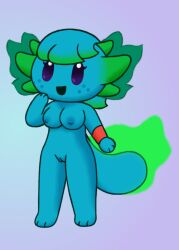 2023 amphibian anthro aquatic armband axolotl breasts digital_media_(artwork) female freckles front_view genitals hair lily_(lily_of_the_valley) lily_of_the_valley_(artist) looking_at_viewer mole_salamander nipples nude raised_arm salamander smile solo standing tail vulva
