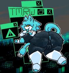 ambiguous_gender anthro anus backsack balls black_body black_fur blue_hair blue_paws breasts butt deltarune felid feline fur genitals gynomorph hair hi_res huge_hips huge_thighs intersex mammal pye_time solo tail tasque_manager thick_thighs undertale_(series) wide_hips yellow_eyes