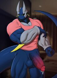 absurd_res alien anthro armor balls big_balls big_penis black_eyes claws clothed clothing e-zoid ear_piercing ear_ring finnter_(e-zoid) genitals hi_res huge_cock humanoid_genitalia humanoid_penis long_tail male male_only muscular muscular_anthro muscular_male partially_clothed penis piercing sharp_claws shirt solo tight_clothing topwear