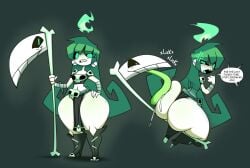 annoyed ass boots bottom_heavy bottomless crop_top dumptruck_ass fat_ass female female_only flame green_eyes green_hair huge_ass licking licking_ass living_weapon metuloser404 mole mole_on_ass mole_on_thigh original original_character pear-shaped_figure scythe shortstack skull thick thick_thighs