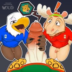1:1 absurd_res accipitrid accipitriform anthro avian bald_eagle balls big_penis bird black_background blue_uniform blush bodily_fluids brown_body clothed clothing clutch_(fifa) cum deer eagle erection exclamation_point feathers felid fellatio fifa fluid-body foreskin genital_fluids genitals glans group hands_behind_back hi_res horn humanoid_genitalia humanoid_penis jaguar kneeling kneeling_and_blow_position kneeling_on_ground kneeling_oral_position male male/male male_anthro mammal maple_(fifa) moose nervous new_world_deer open_mouth oral pantherine penile penis penis_size_difference precum red_uniform sea_eagle sex shiloxp simple_background small_penis submissive surprised trio uniform vein world_cup yellow_body zayu_(fifa)