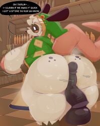 2025 akumakanji american_opossum anthro atlyss big_breasts big_butt big_penis big_tail blush bodily_fluids bottomless bottomless_anthro bottomless_female breasts butt chang_(atlyss) clothed clothing detailed_background dialogue duo english_text faceless_character faceless_male female freckled_butt freckles fur genitals hi_res hood hot_dogging huge_breasts huge_butt huge_penis hyper hyper_genitalia hyper_penis imminent_sex male male/female mammal marsupial motion_lines nipples penis sally_(atlyss) sex solo_focus steam store sweat sweaty_breasts sweaty_butt tail text thick_thighs white_body white_fur wide_hips