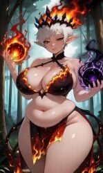 ai ai-created ai_art ai_assisted ai_generated bra chubby chubby_belly chubby_female dark_green_eyes dark_magic elf elf_ears elf_female elf_girl elf_milf elf_queen fire_magic forest forest_background fupa green_eyes grey_hair large_breasts large_hips large_thighs loincloth looking_at_viewer milf mother short_hair smug_expression smug_face smug_smile thick_breasts thick_thighs using_magic using_powers white_hair wide_hips