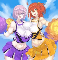 2girls amber_eyes breast breast_press breast_to_breast cheerleader clothed clothing evuoaniramu eyes_behind_hair fate/grand_order fate_(series) fujimaru_ritsuka_(female) glasses hair highres holding_pom_poms large_breasts looking_at_viewer mash_kyrielight midriff mizuumi_(bb) multiple_girls navel nipple_bulge nipples orange_hair pale_skin pom_poms purple_eyes short_hair skirt thigh